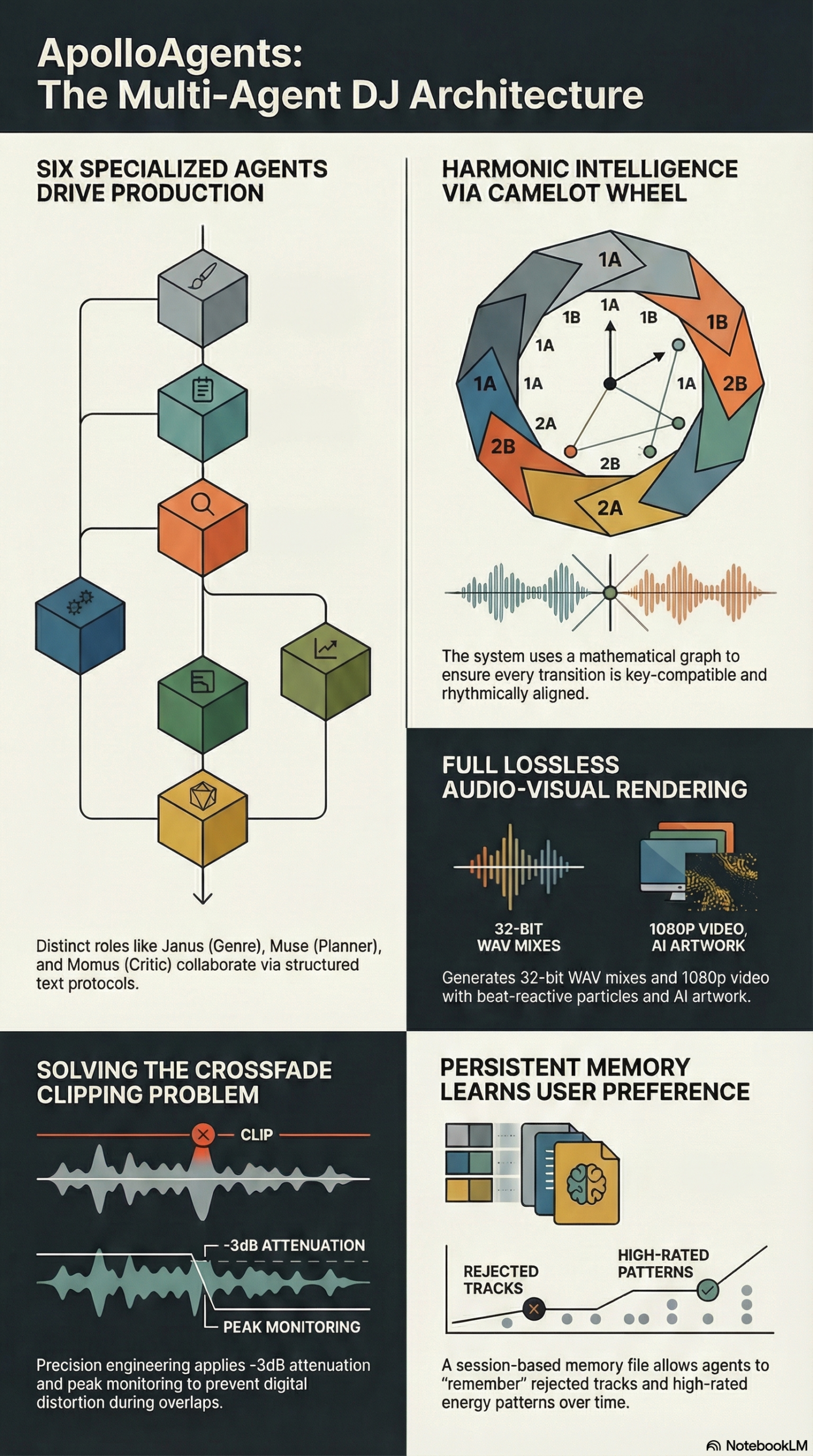 Infografía vertical resumiendo la arquitectura multi-agente de ApolloAgents: seis agentes con rol acotado (Janus, Hermes, Muse, Momus, Themis, Editor), la rueda Camelot, el problema del clipping en crossfades y la memoria persistente.